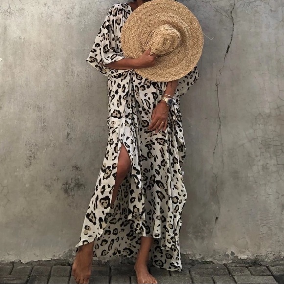 New Leopard Animal Print Bohemian Kaftan Kimono Dress Coverup - Picture 6 of 8